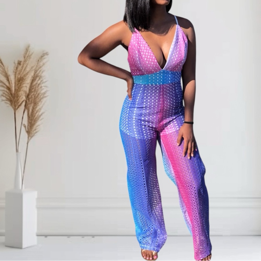 Women's Pink and Blue Mesh Jumpsuit